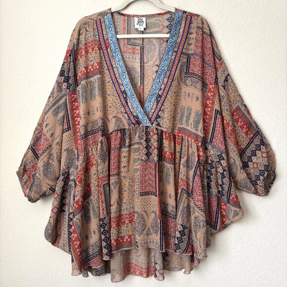 ivy jane Tops - Ivy Jane Boho Printed V-Neck Flowy Peasant High Low Blouse Top